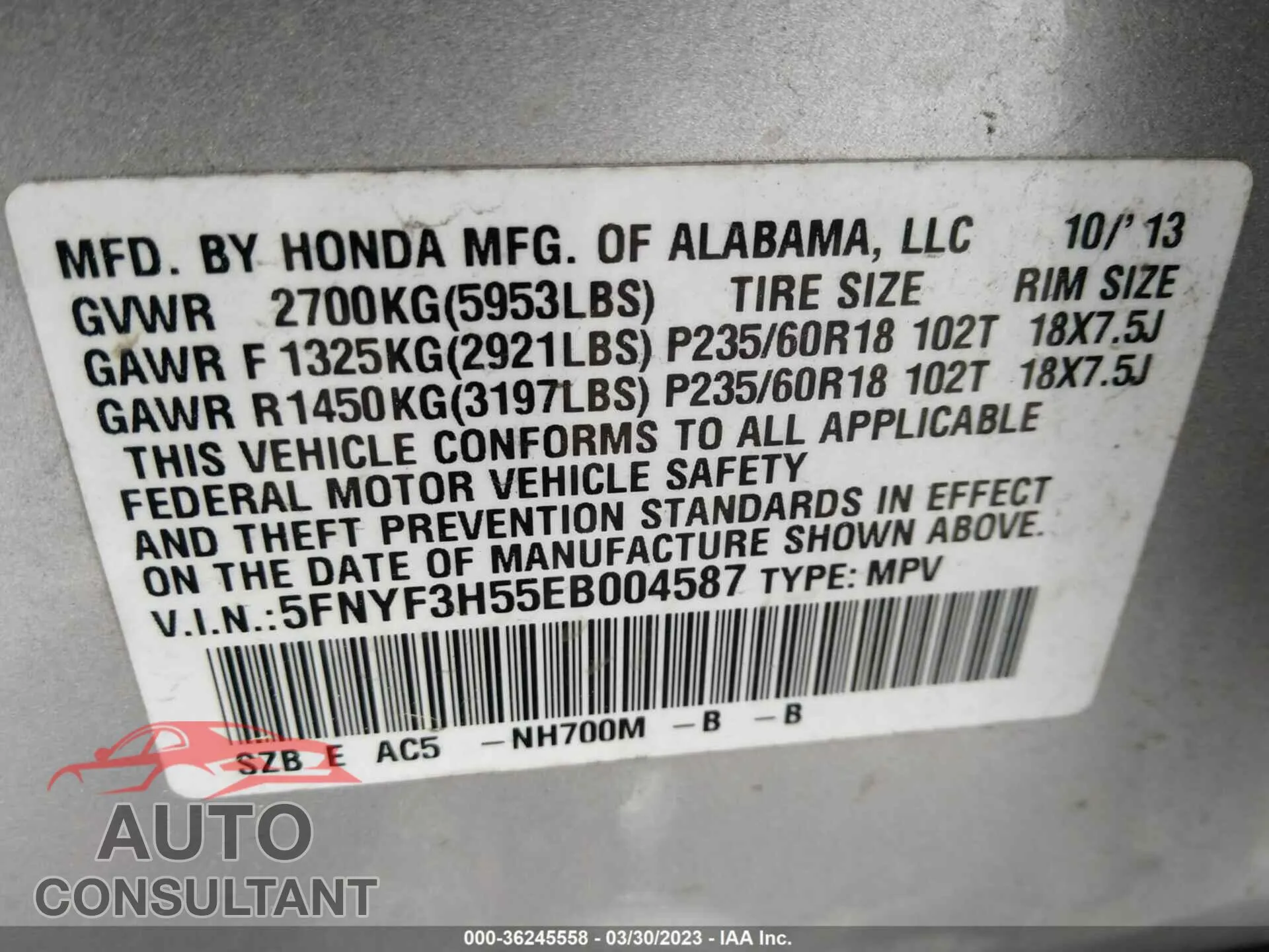 2014 HONDA PILOT Damaged VIN 5FNYF3H55EB004587 – trunk area