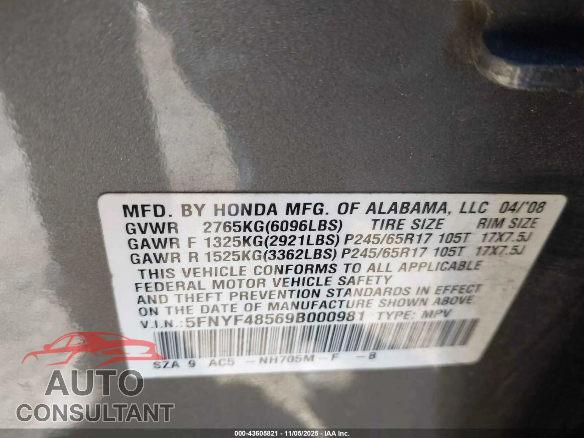 2009 HONDA PILOT Damaged VIN 5FNYF48569B000981 – trunk area