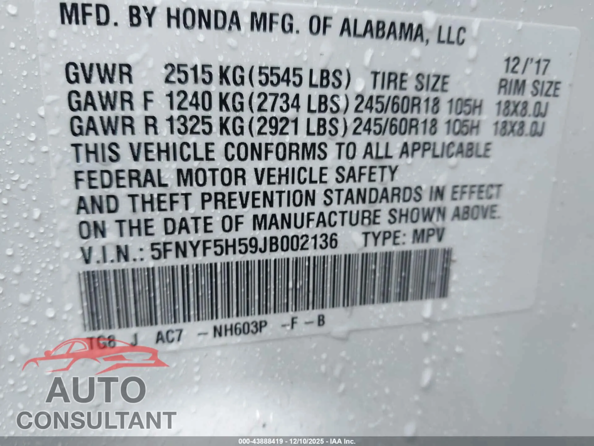 2018 HONDA PILOT Damaged VIN 5FNYF5H59JB002136 – trunk area