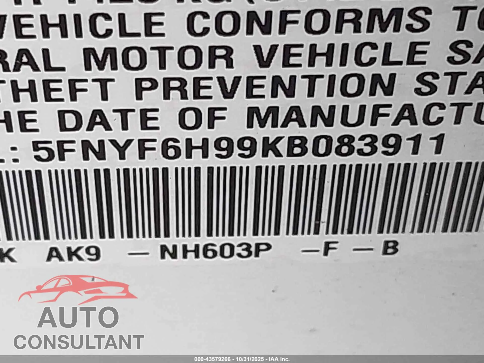 2019 HONDA PILOT Damaged VIN 5FNYF6H99KB083911 – trunk area