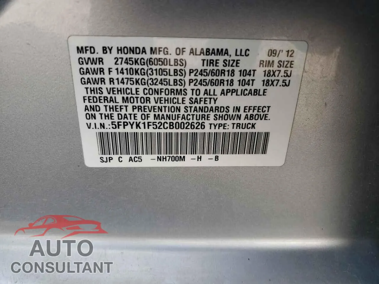 2012 HONDA RIDGELINE Damaged VIN 5FPYK1F52CB002626 – photo 12