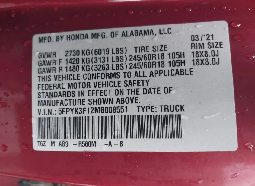 2021 HONDA Ridgeline Used VIN 5FPYK3F12MB008551 – odometer reading