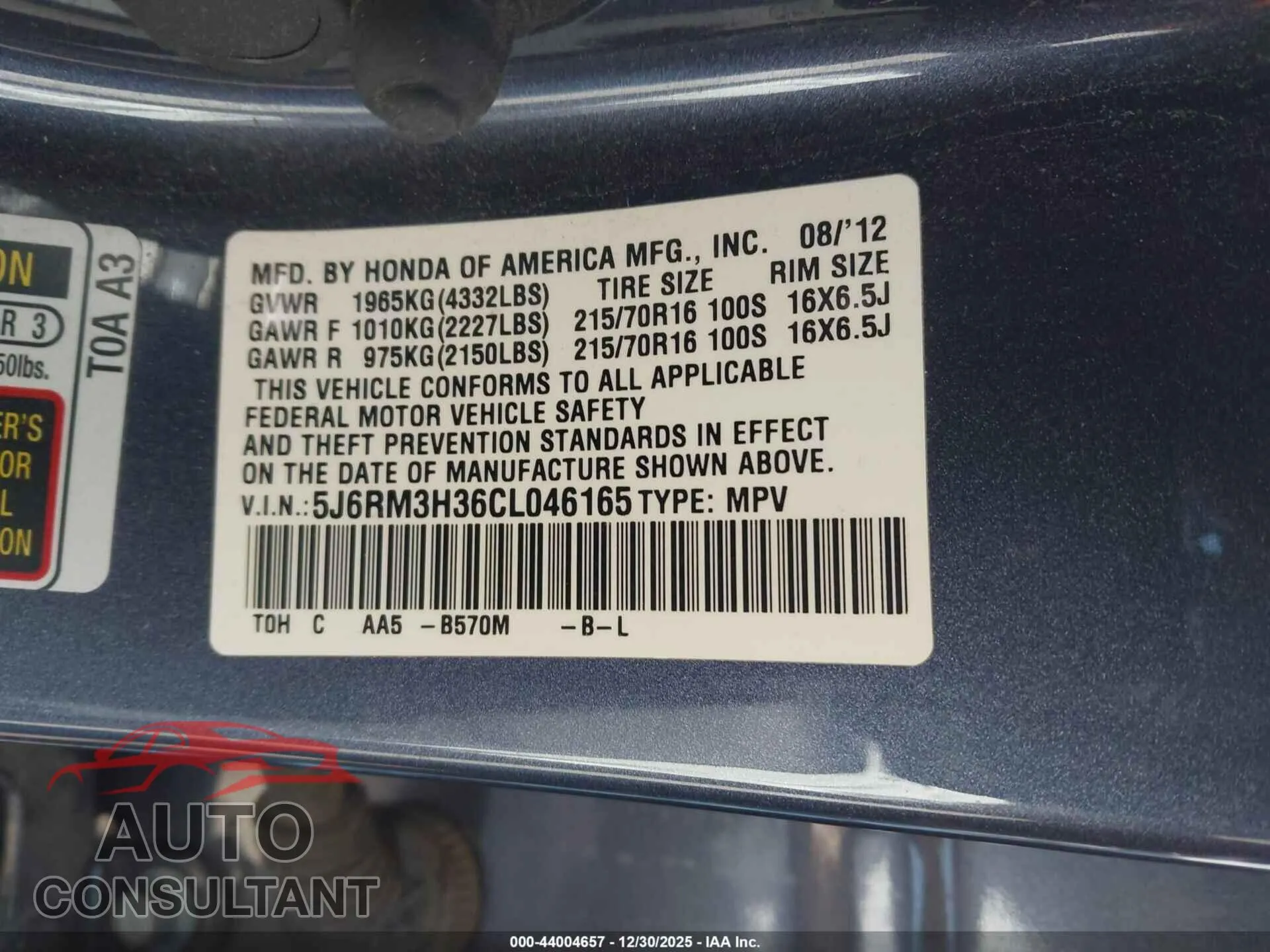 2012 HONDA CR-V Damaged VIN 5J6RM3H36CL046165 – trunk area 2012 HONDA CR-V Damaged VIN 5J6RM3H36CL046165 – trunk area