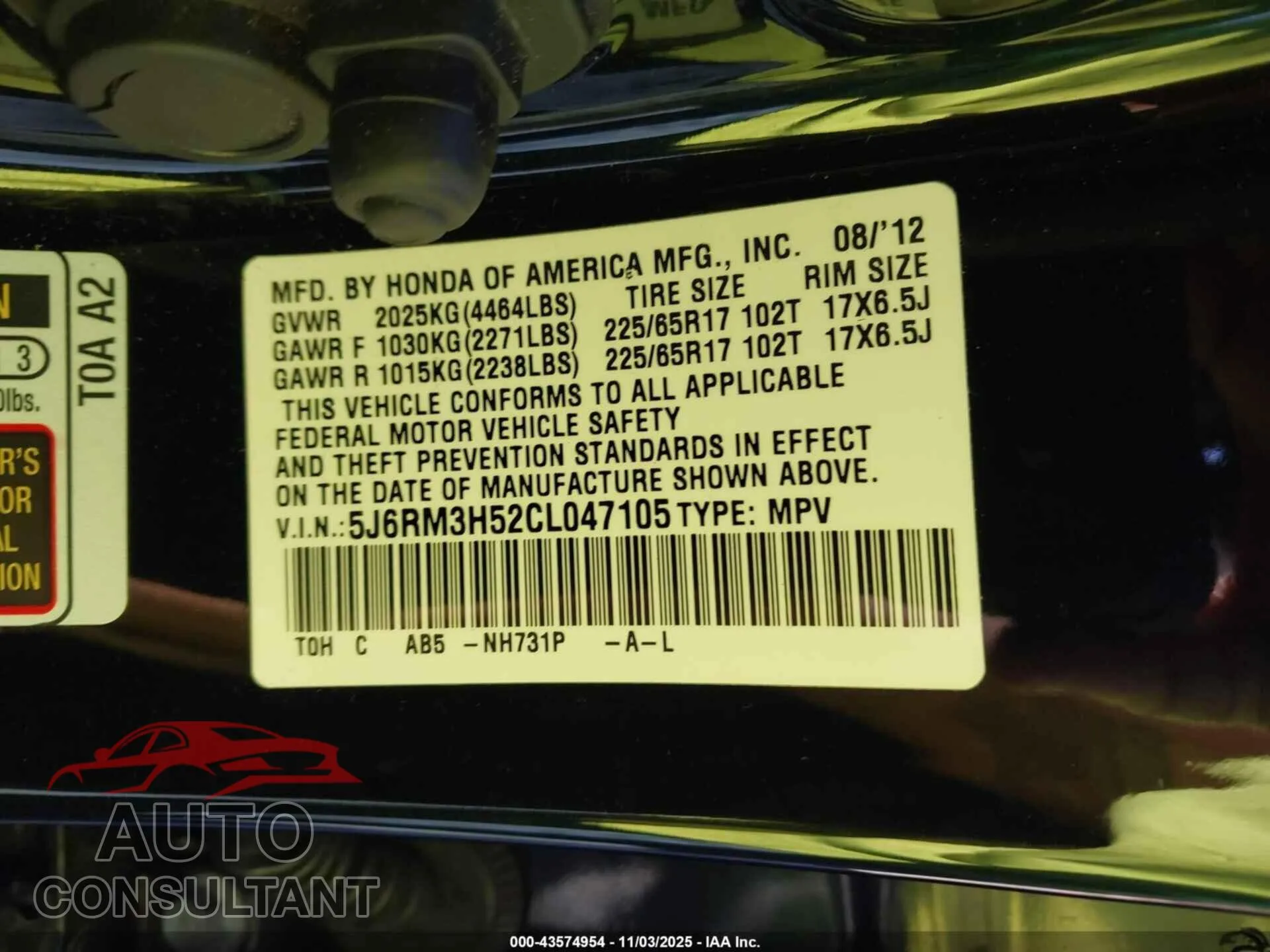 2012 HONDA CR-V Damaged VIN 5J6RM3H52CL047105 – trunk area