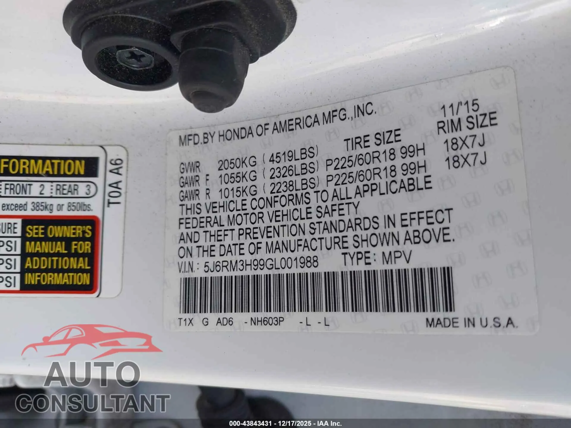 2016 HONDA CR-V Damaged VIN 5J6RM3H99GL001988 – trunk area