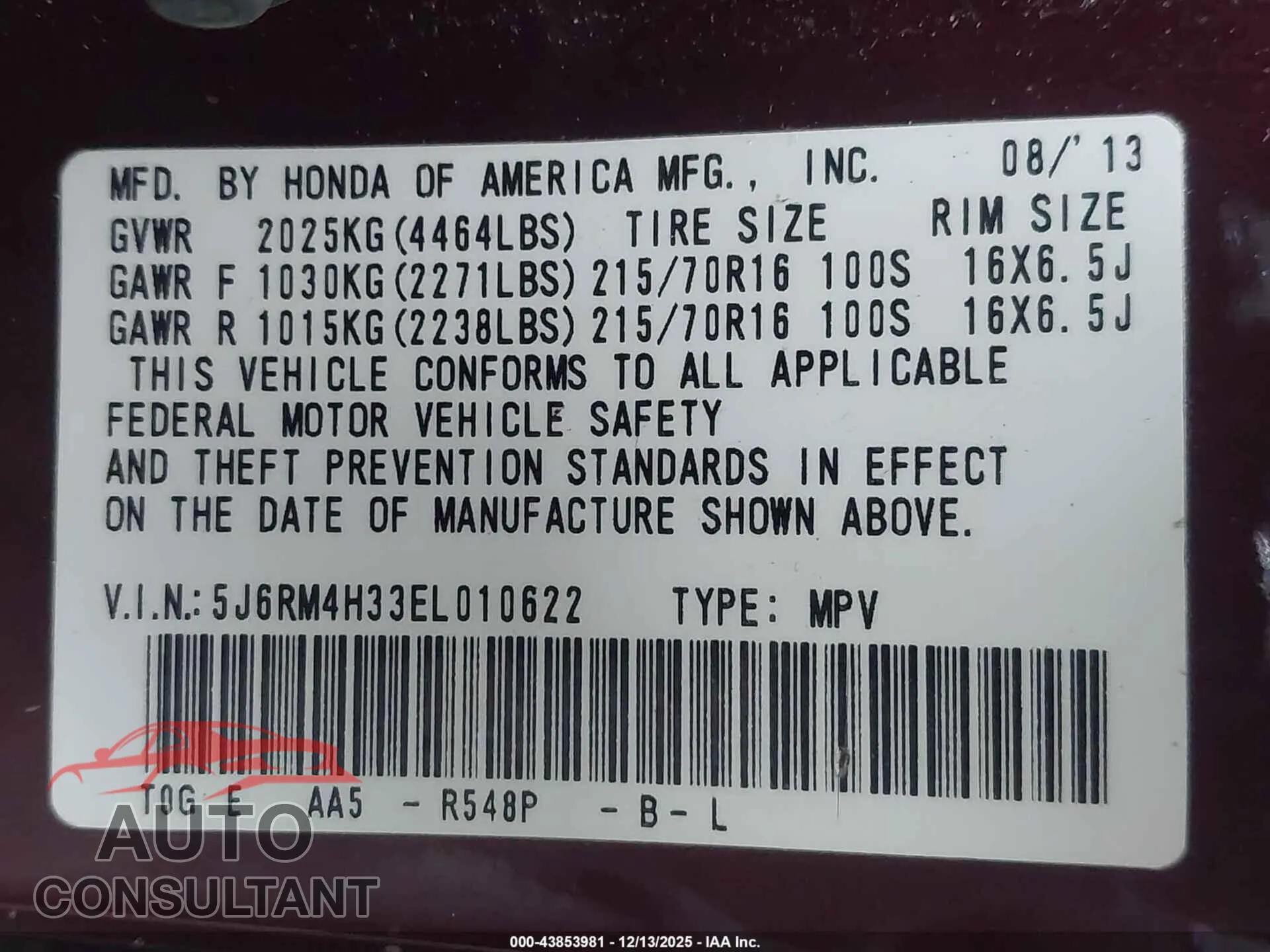 2014 HONDA CR-V Damaged VIN 5J6RM4H33EL010622 – trunk area