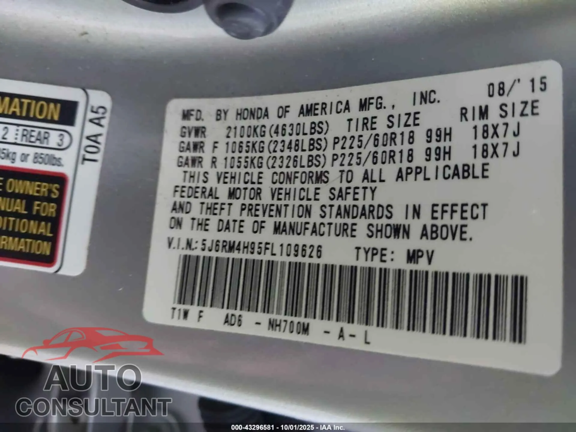 2015 HONDA CR-V Damaged VIN 5J6RM4H95FL109626 – trunk area