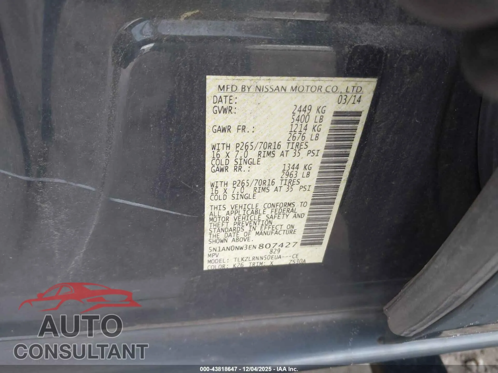 2014 NISSAN XTERRA Damaged VIN 5N1AN0NW3EN807427 – trunk area