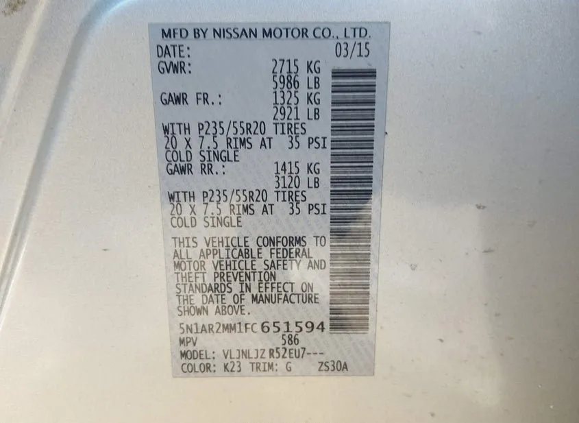 2015 NISSAN Pathfinder VIN 5N1AR2MM1FC651594