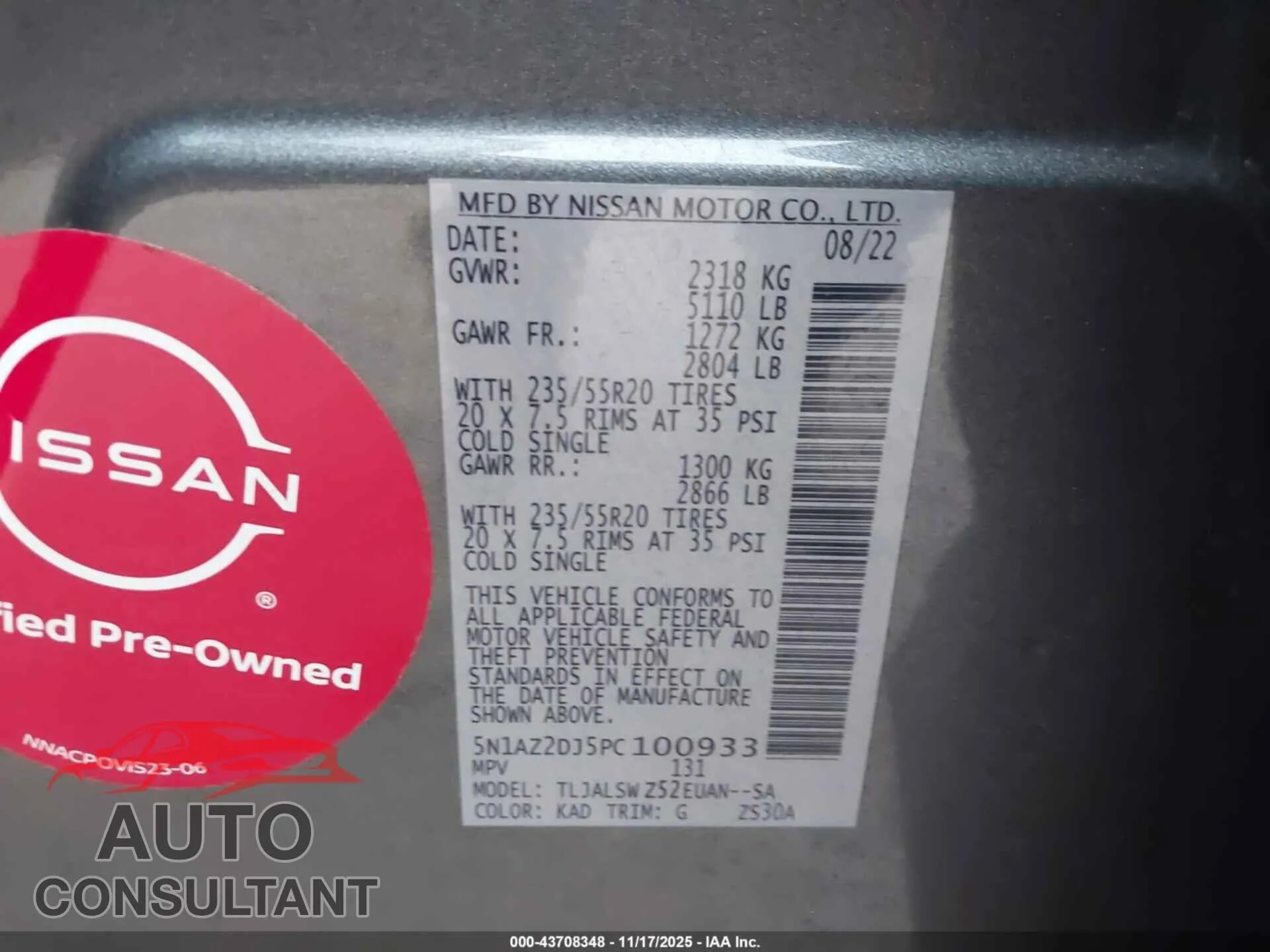 2023 NISSAN MURANO Damaged VIN 5N1AZ2DJ5PC100933 – trunk area