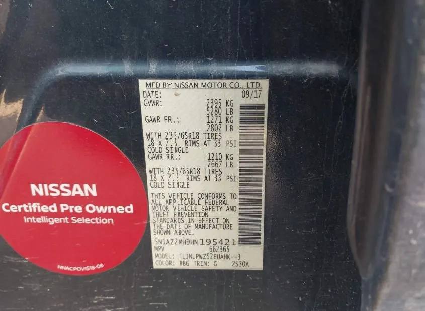 2017 NISSAN Murano Used VIN 5N1AZ2MH9HN195421 – trunk area