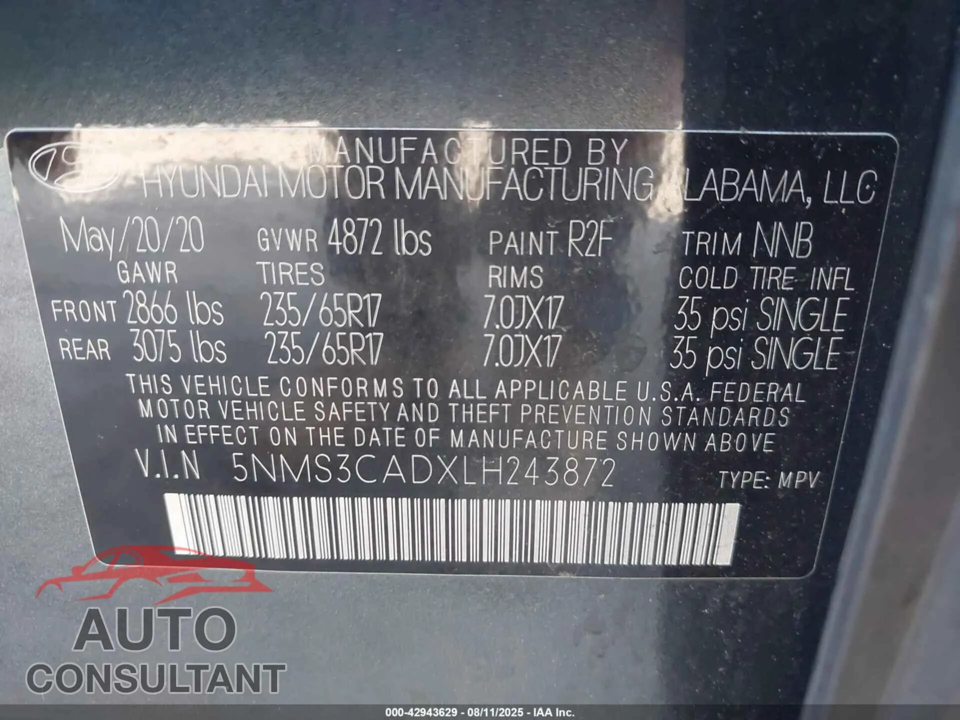 2020 HYUNDAI SANTA FE Damaged VIN 5NMS3CADXLH243872 – trunk area