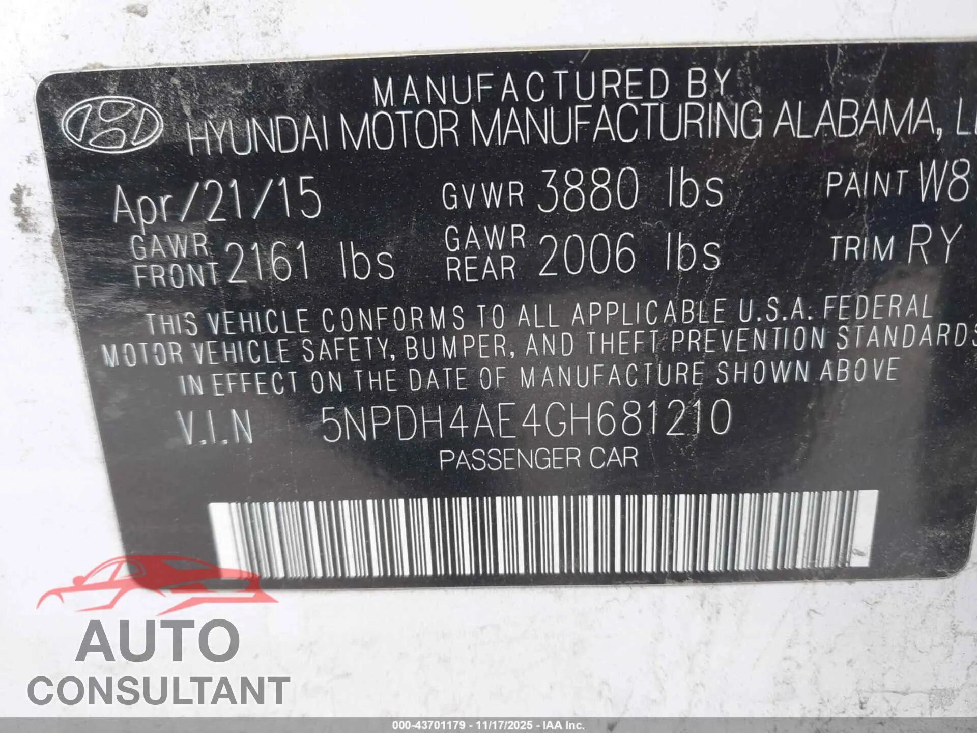 2016 HYUNDAI ELANTRA Damaged VIN 5NPDH4AE4GH681210 – trunk area