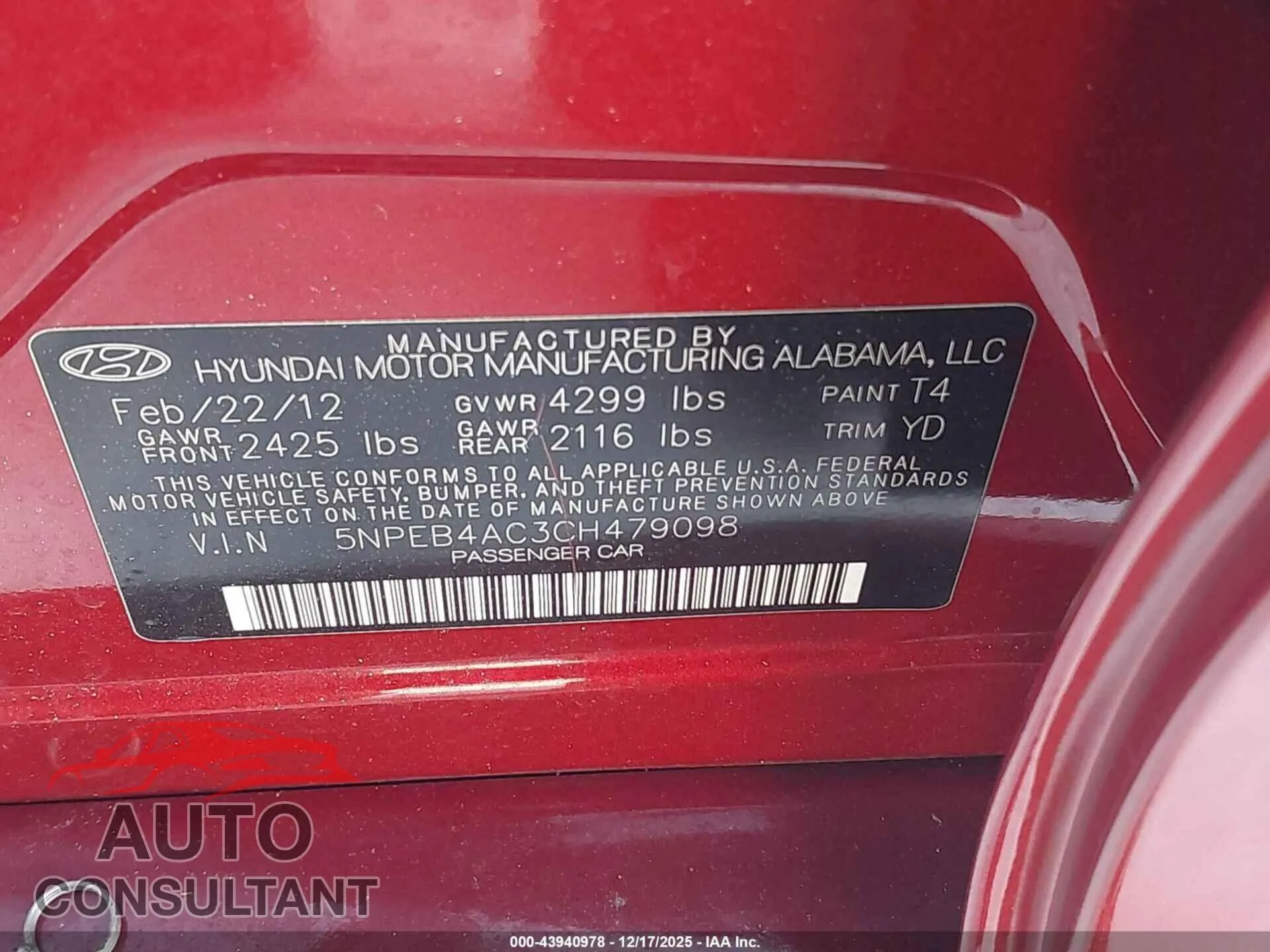 2012 HYUNDAI SONATA Damaged VIN 5NPEB4AC3CH479098 – trunk area