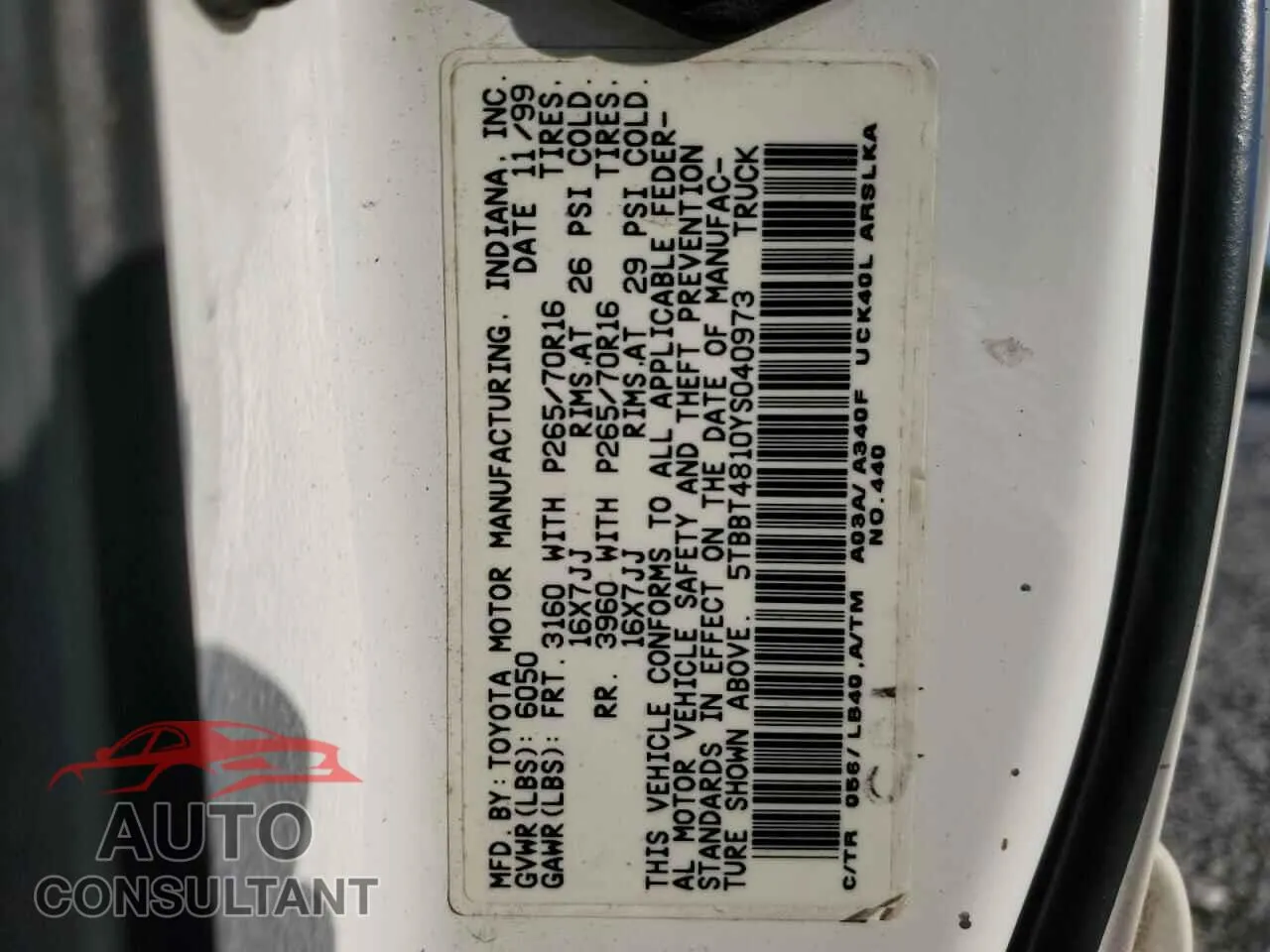 2000 TOYOTA TUNDRA Damaged VIN 5TBBT4810YS040973 – photo 12