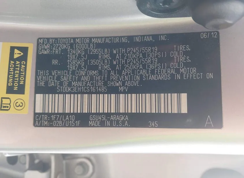2012 TOYOTA Highlander Used VIN 5TDDK3EH1CS161485 – side profile 2012 TOYOTA Highlander Used VIN 5TDDK3EH1CS161485 – side profile