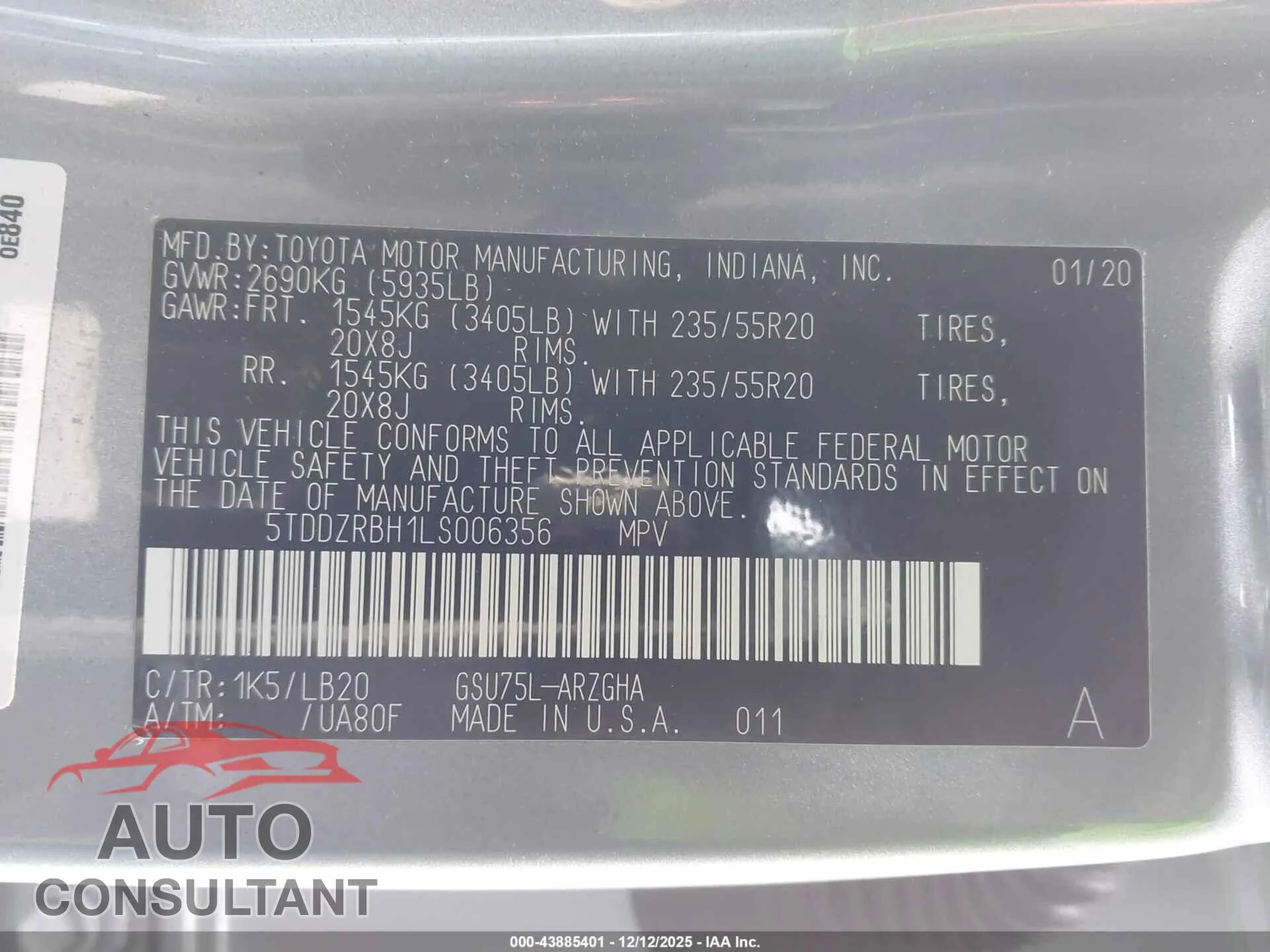 2020 TOYOTA HIGHLANDER Damaged VIN 5TDDZRBH1LS006356 – trunk area