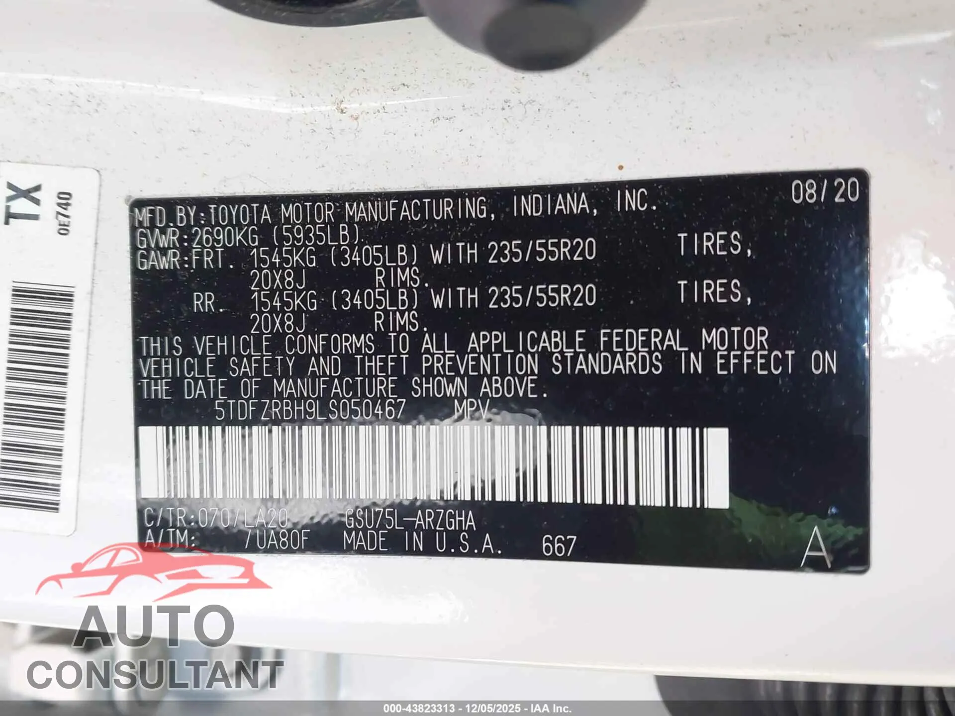 2020 TOYOTA HIGHLANDER Damaged VIN 5TDFZRBH9LS050467 – trunk area