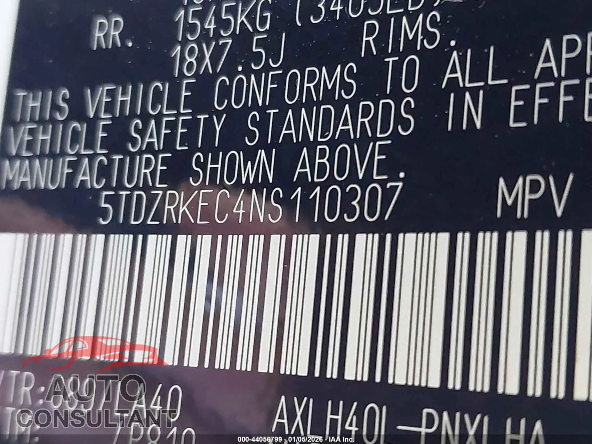 2022 TOYOTA SIENNA Damaged VIN 5TDZRKEC4NS110307 – trunk area