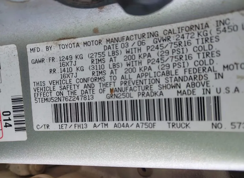2006 TOYOTA Tacoma Used VIN 5TEMU52N76Z247813 – photo 15