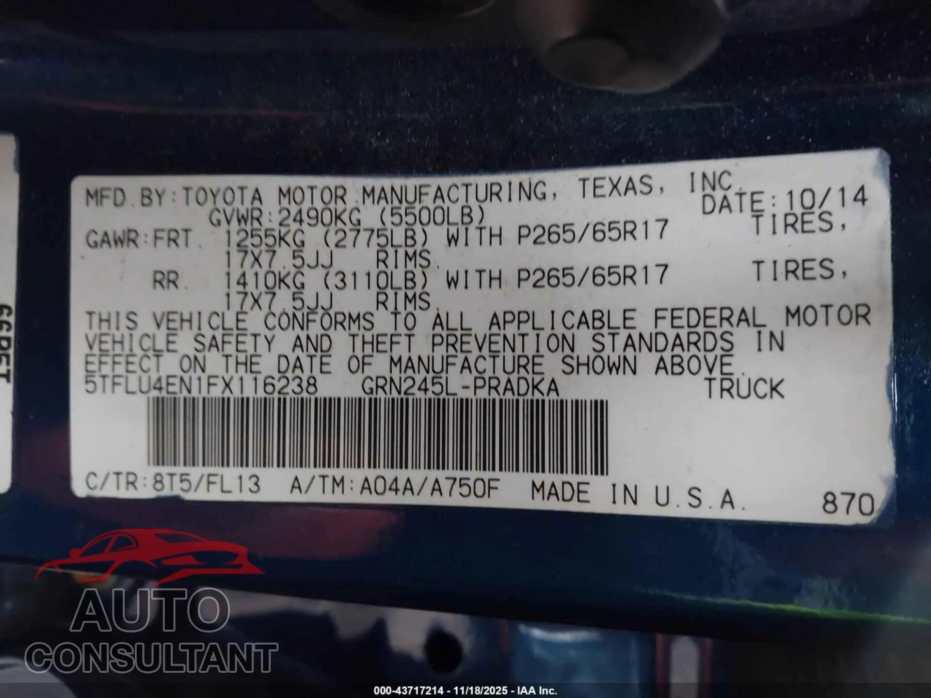 2015 TOYOTA TACOMA Damaged VIN 5TFLU4EN1FX116238 – trunk area