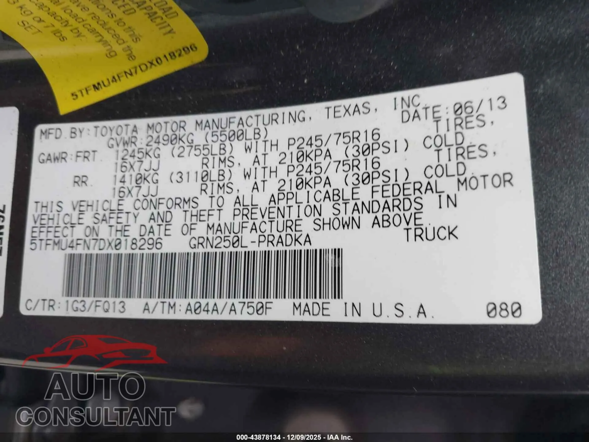 2013 TOYOTA TACOMA Damaged VIN 5TFMU4FN7DX018296 – trunk area