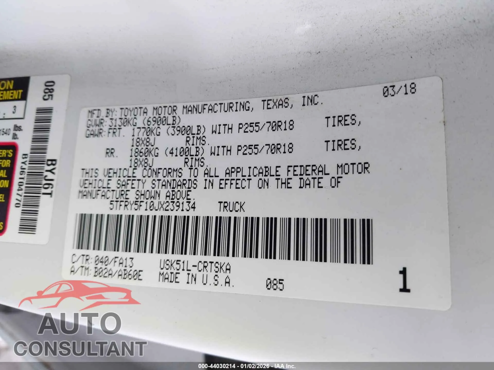 2018 TOYOTA TUNDRA Damaged VIN 5TFRY5F10JX239134 – trunk area