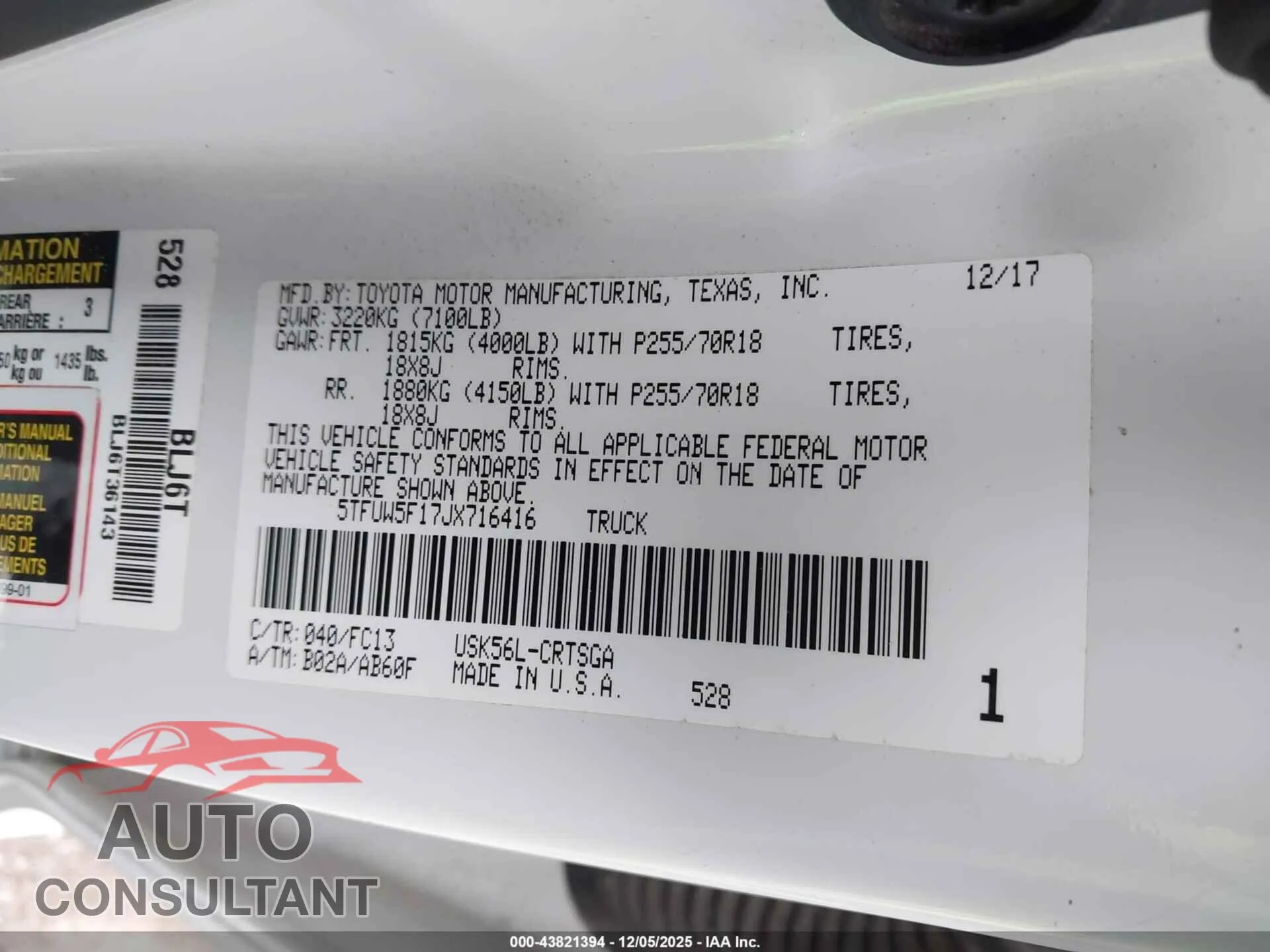 2018 TOYOTA TUNDRA Damaged VIN 5TFUW5F17JX716416 – trunk area