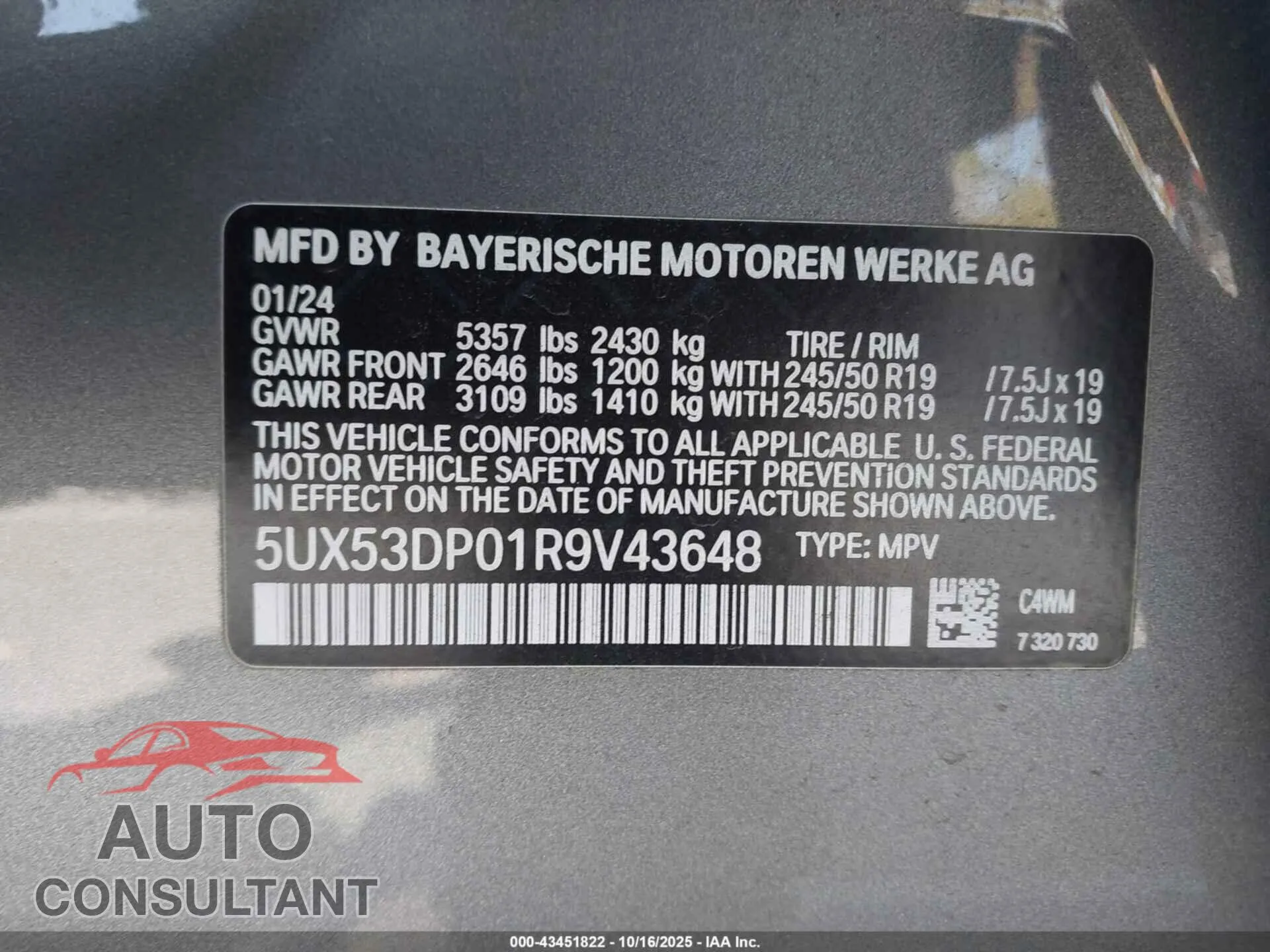 2024 BMW X3 Damaged VIN 5UX53DP01R9V43648 – trunk area 2024 BMW X3 Damaged VIN 5UX53DP01R9V43648 – trunk area