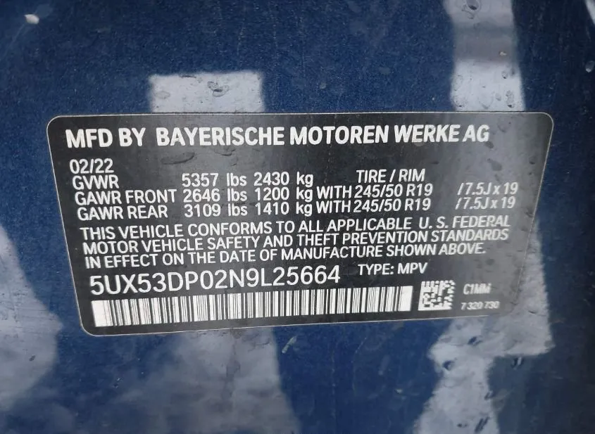 2022 BMW X3 Used VIN 5UX53DP02N9L25664 – odometer reading 2022 BMW X3 Used VIN 5UX53DP02N9L25664 – odometer reading