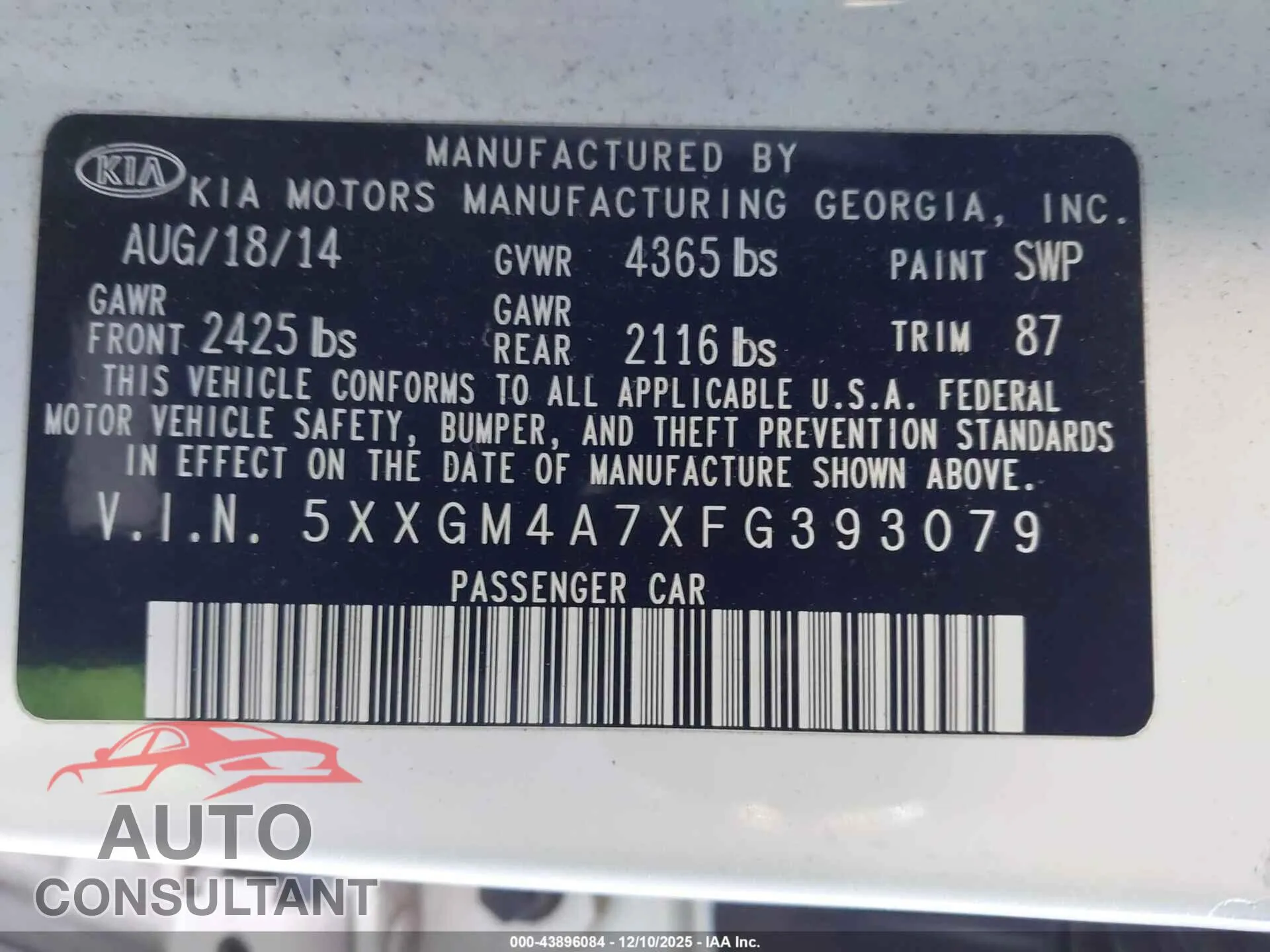 2015 KIA OPTIMA Damaged VIN 5XXGM4A7XFG393079 – trunk area