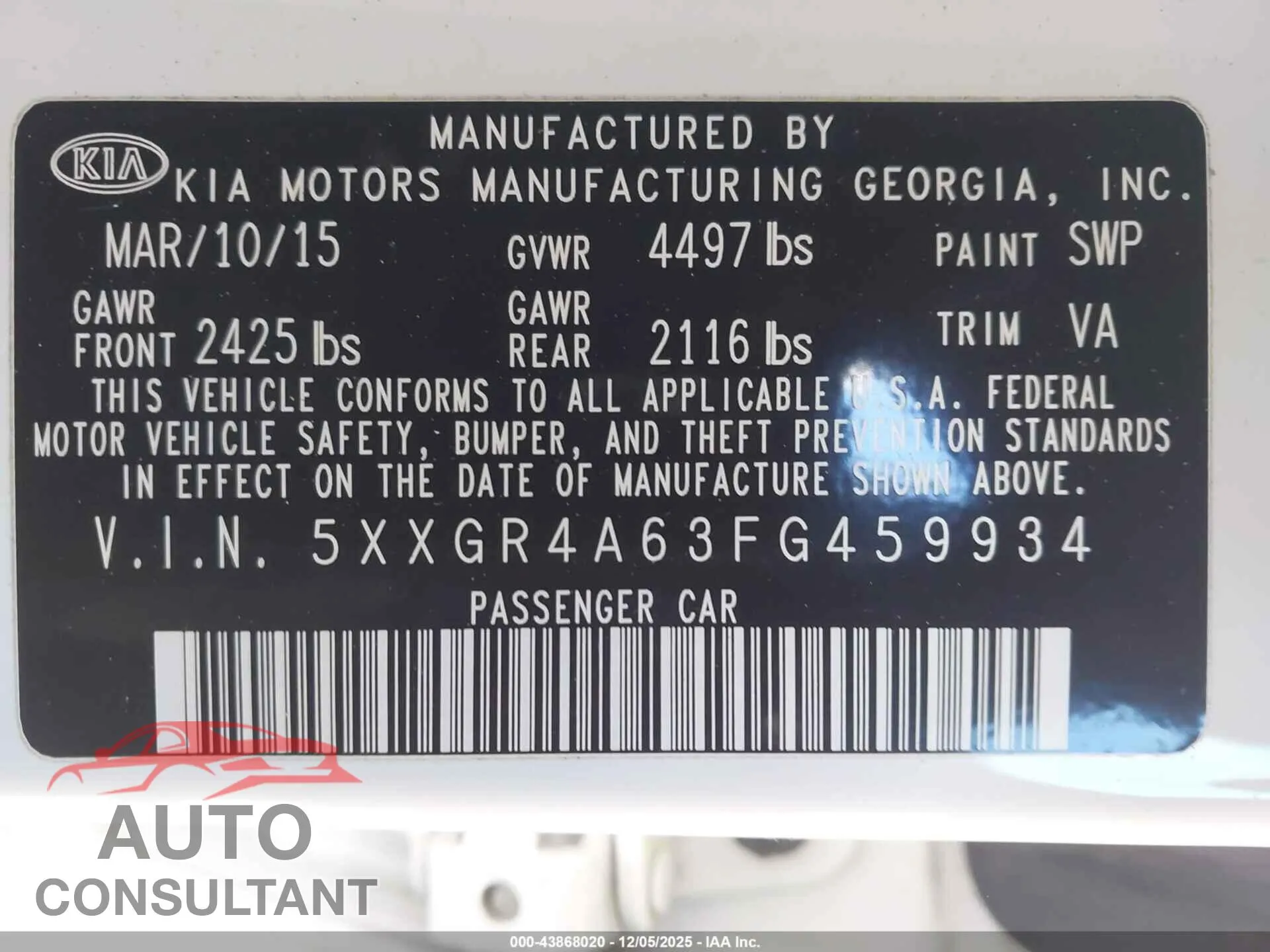 2015 KIA OPTIMA Damaged VIN 5XXGR4A63FG459934 – trunk area