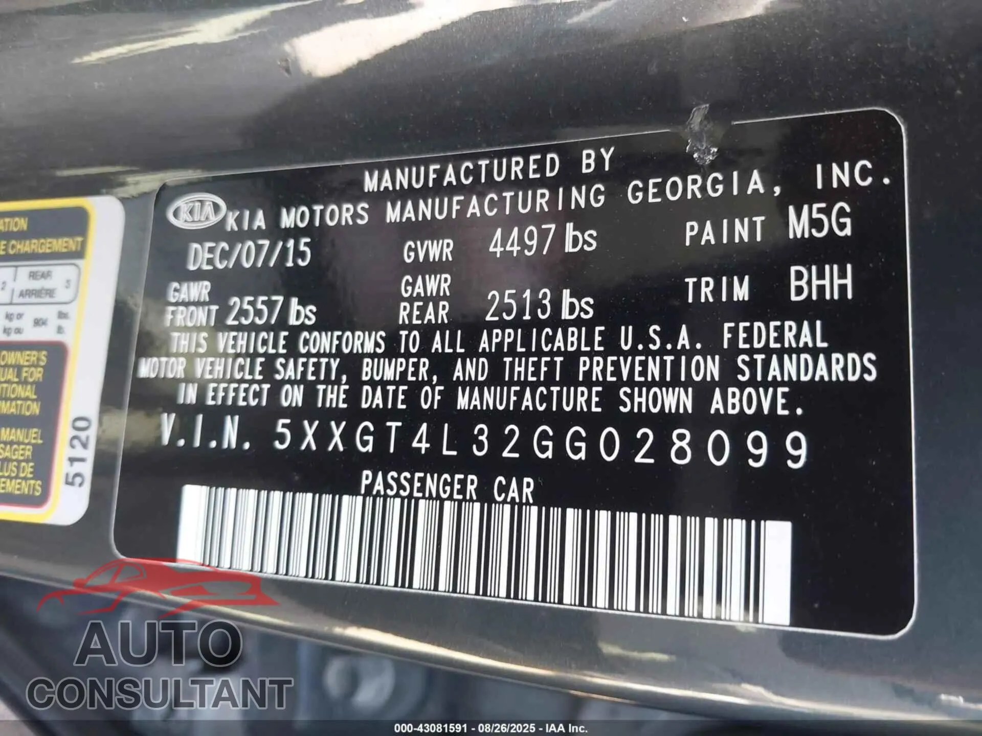 2016 KIA OPTIMA Damaged VIN 5XXGT4L32GG028099 – trunk area