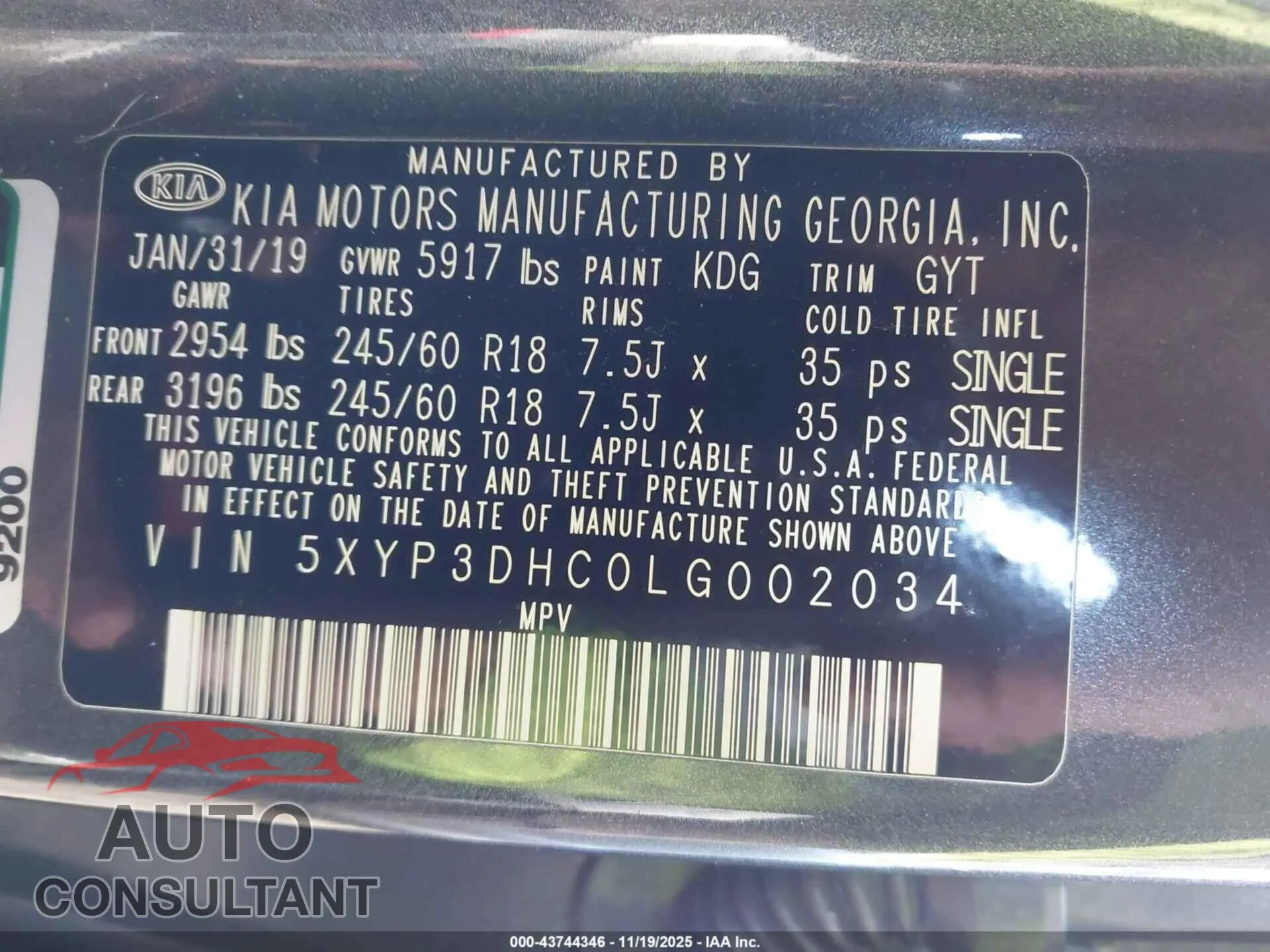 2020 KIA TELLURIDE Damaged VIN 5XYP3DHC0LG002034 – trunk area