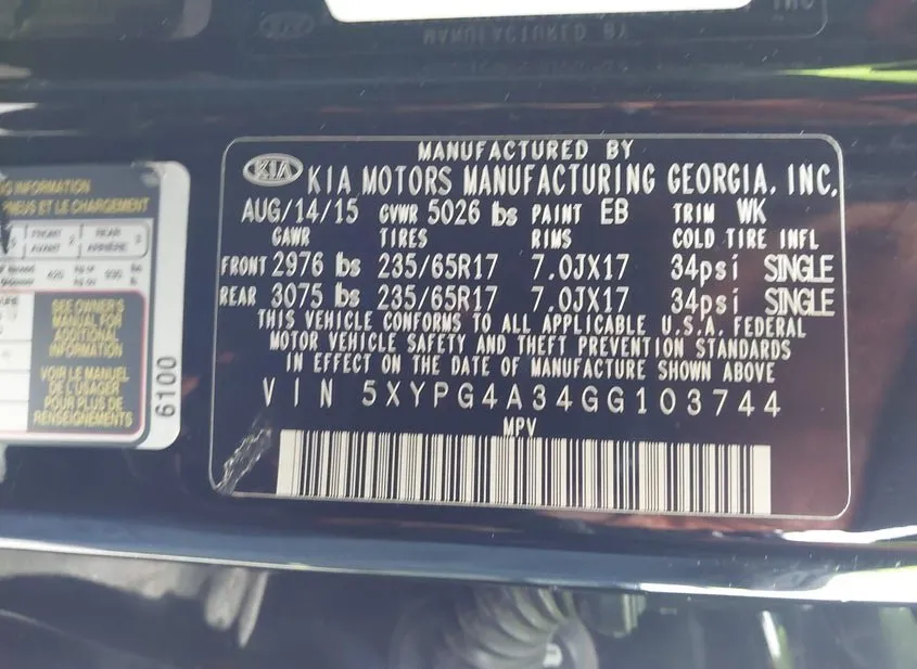 2016 KIA Sorento VIN 5XYPG4A34GG103744
