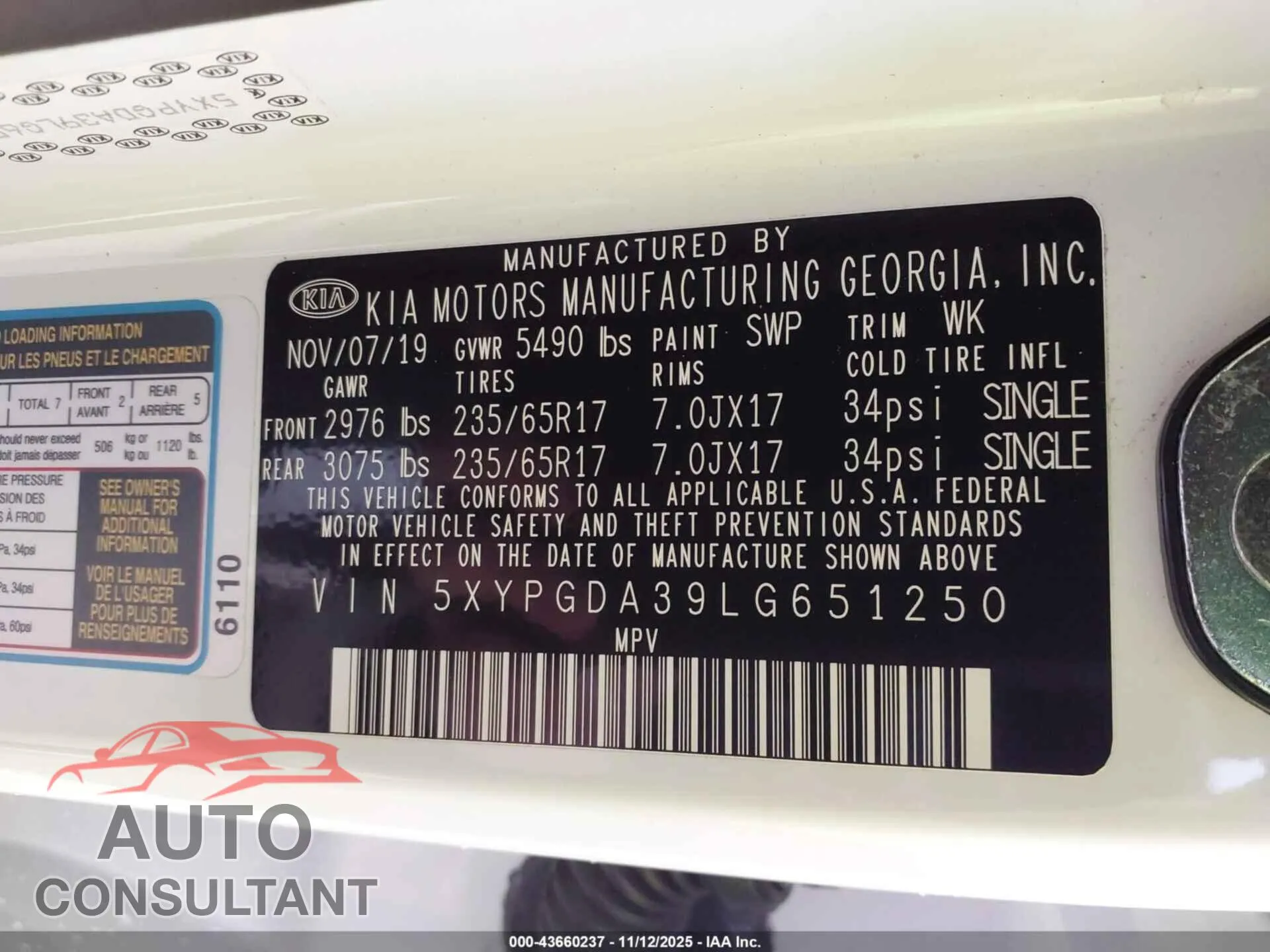 2020 KIA SORENTO Damaged VIN 5XYPGDA39LG651250 – trunk area