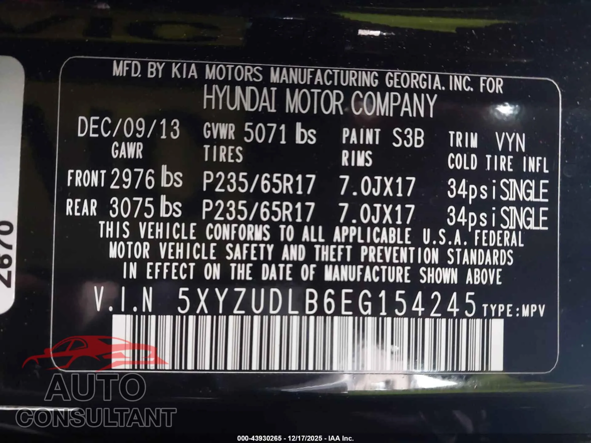 2014 HYUNDAI SANTA FE SPORT Damaged VIN 5XYZUDLB6EG154245 – trunk area