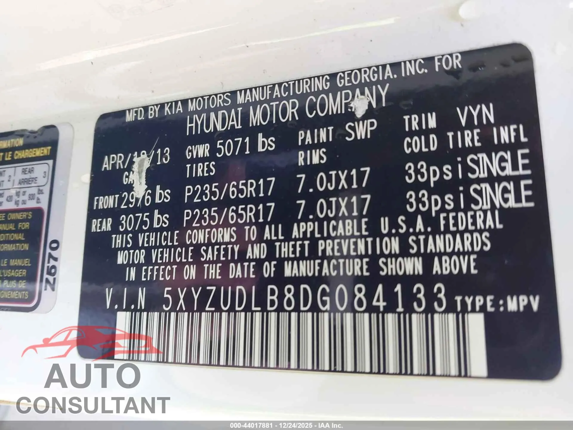 2013 HYUNDAI SANTA FE Damaged VIN 5XYZUDLB8DG084133 – trunk area 2013 HYUNDAI SANTA FE Damaged VIN 5XYZUDLB8DG084133 – trunk area