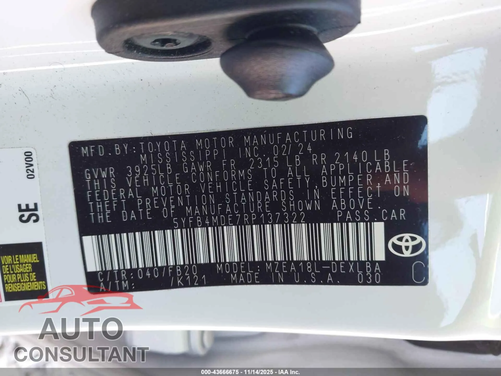 2024 TOYOTA COROLLA Damaged VIN 5YFB4MDE7RP137322 – trunk area
