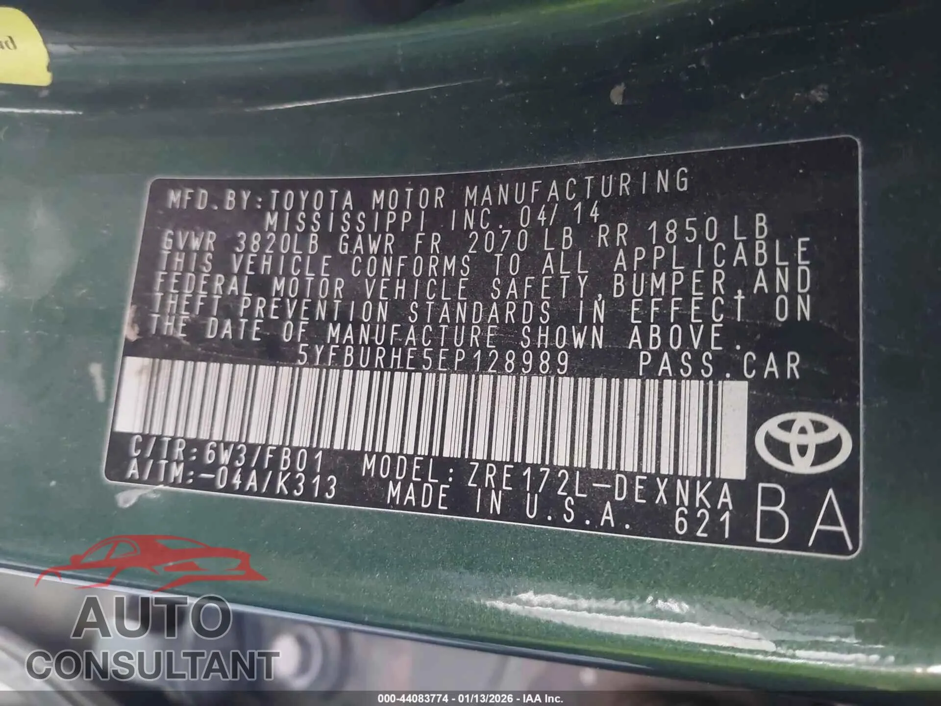 2014 TOYOTA COROLLA Damaged VIN 5YFBURHE5EP128989 – trunk area