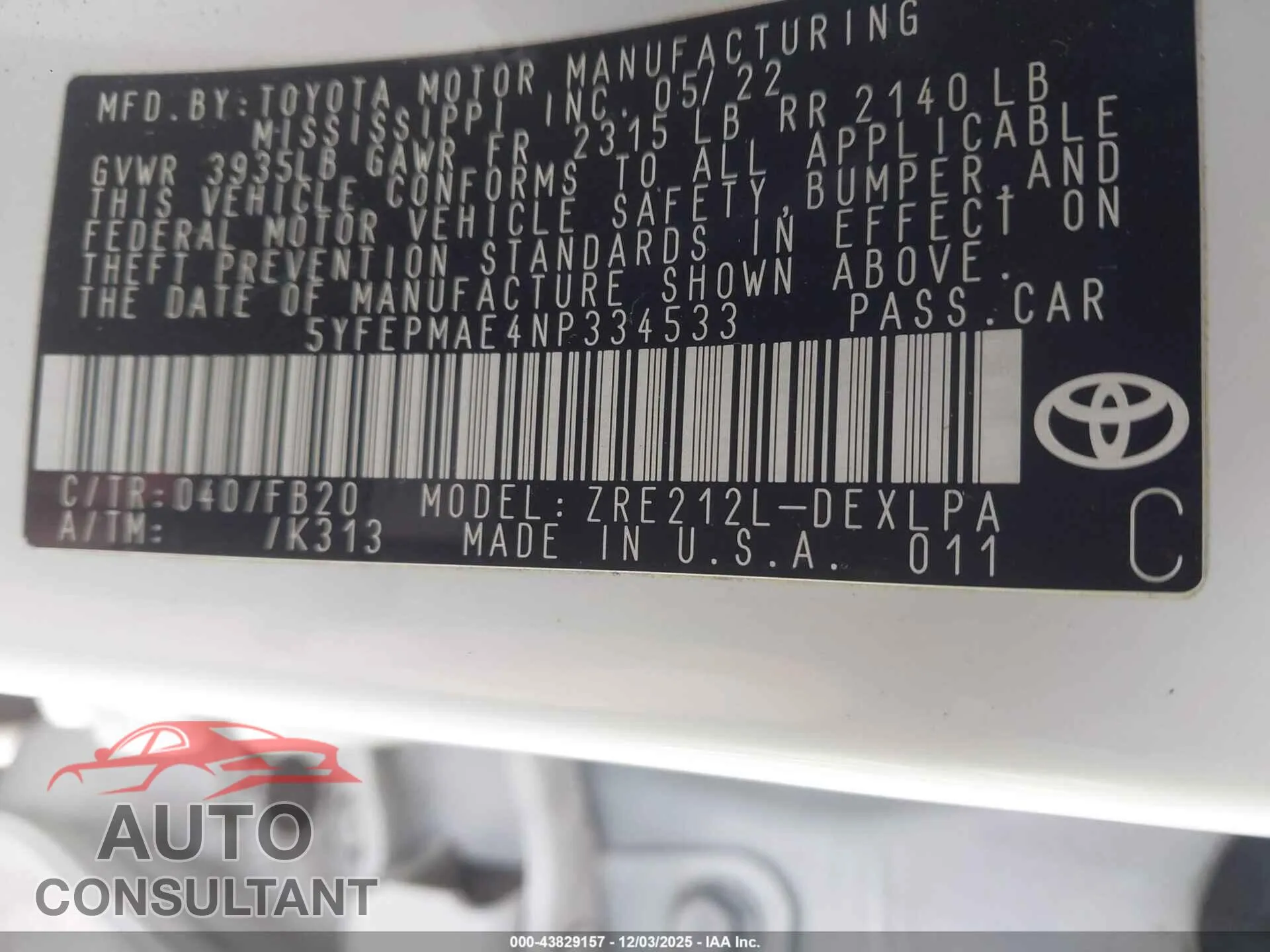 2022 TOYOTA COROLLA Damaged VIN 5YFEPMAE4NP334533 – trunk area