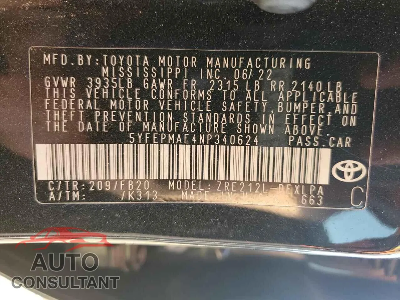 2022 TOYOTA COROLLA Damaged VIN 5YFEPMAE4NP340624 – photo 12