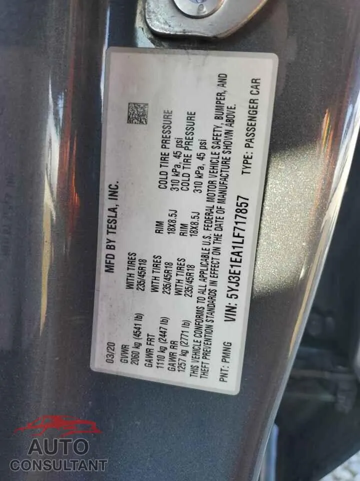 2020 TESLA MODEL 3 Damaged VIN 5YJ3E1EA1LF717857 – photo 13