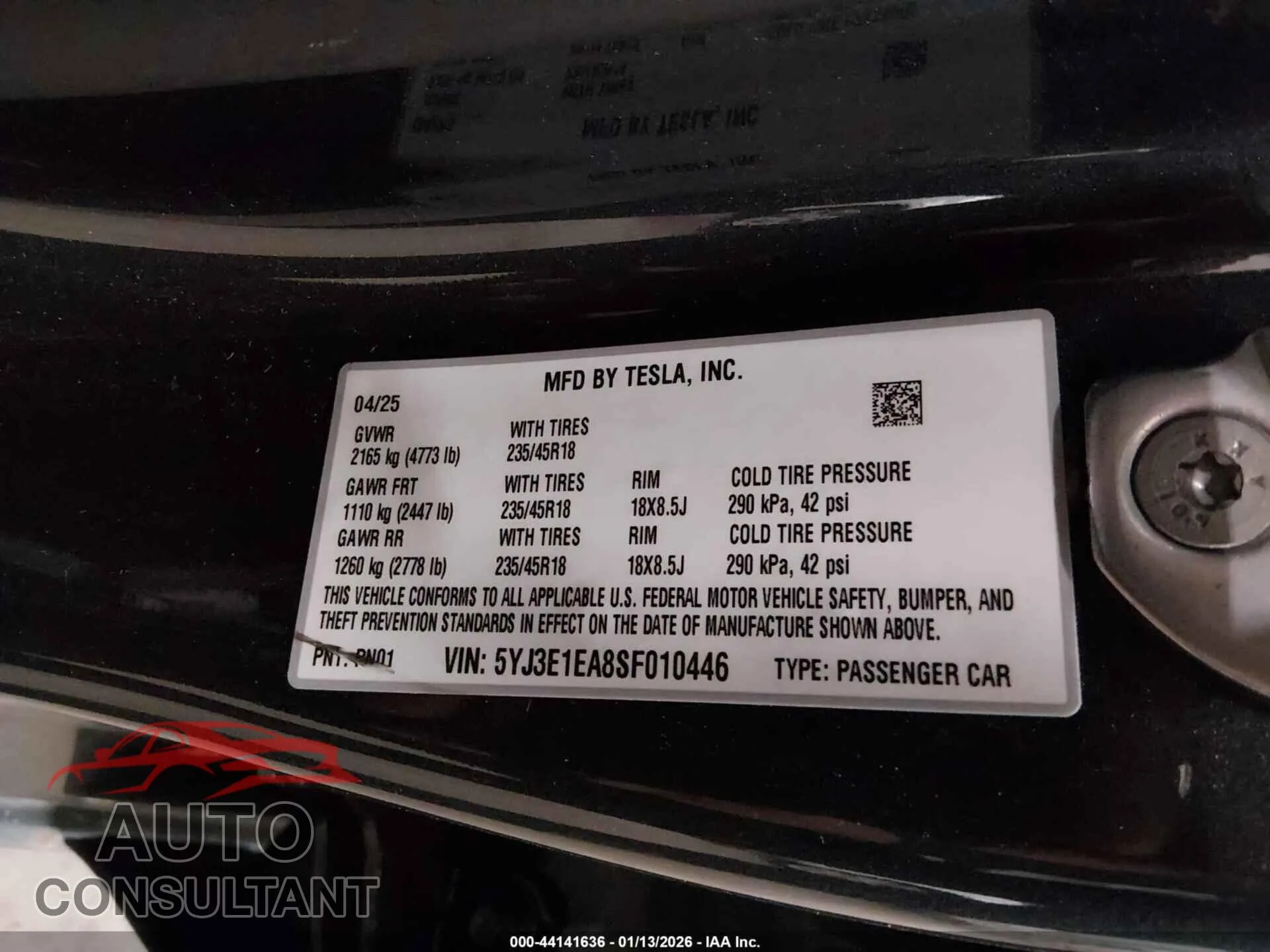 2025 TESLA MODEL 3 Damaged VIN 5YJ3E1EA8SF010446 – trunk area
