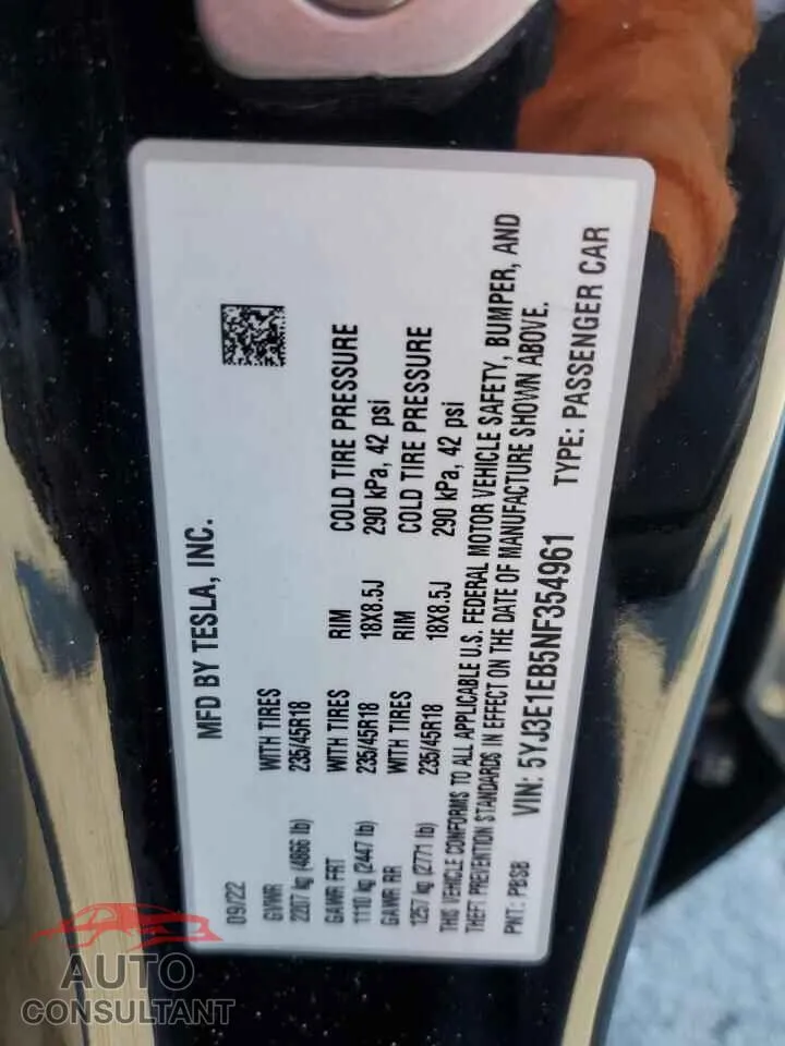 2022 TESLA MODEL 3 Damaged VIN 5YJ3E1EB5NF354961 – photo 12