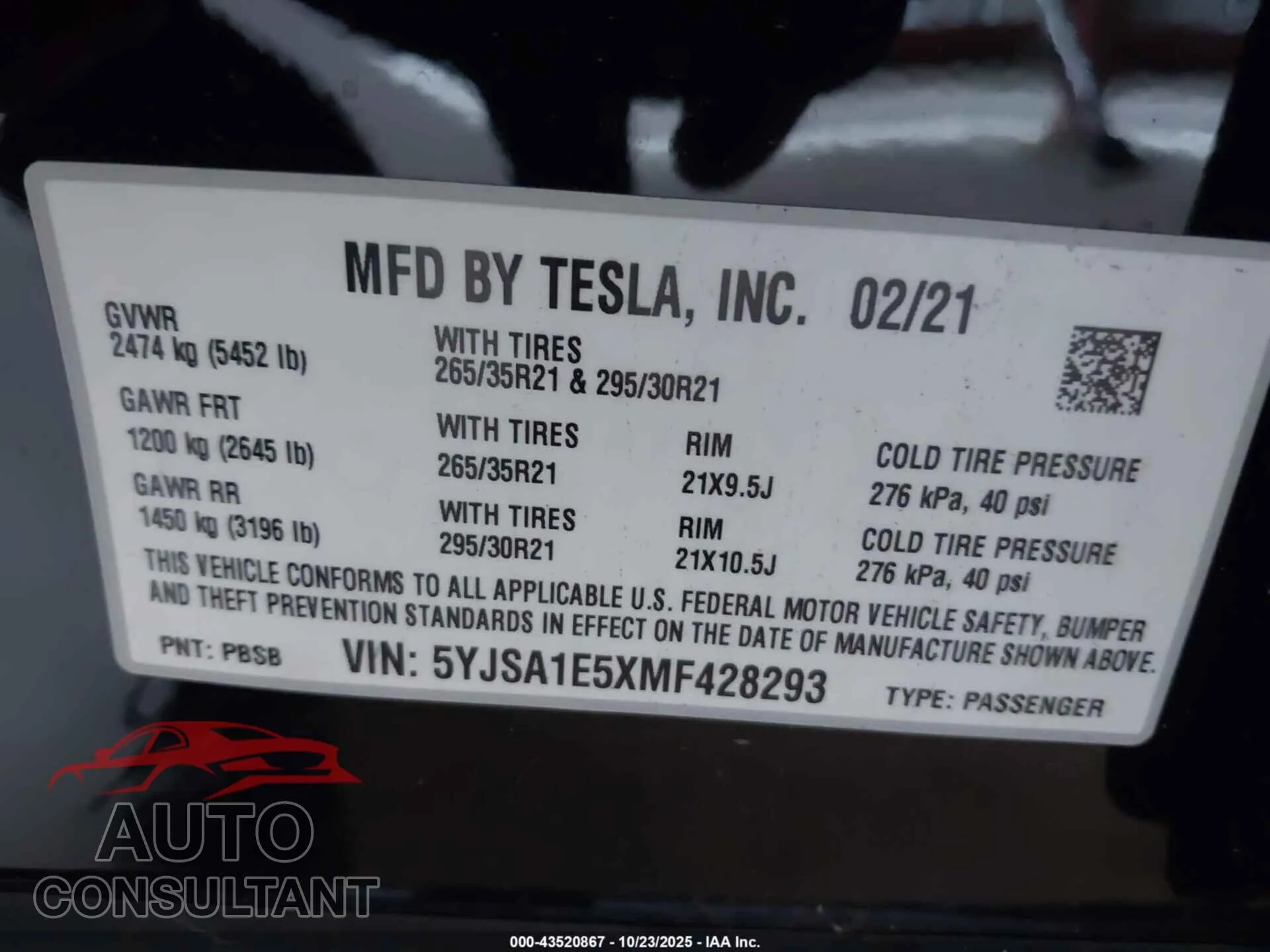 2021 TESLA MODEL S Damaged VIN 5YJSA1E5XMF428293 – trunk area