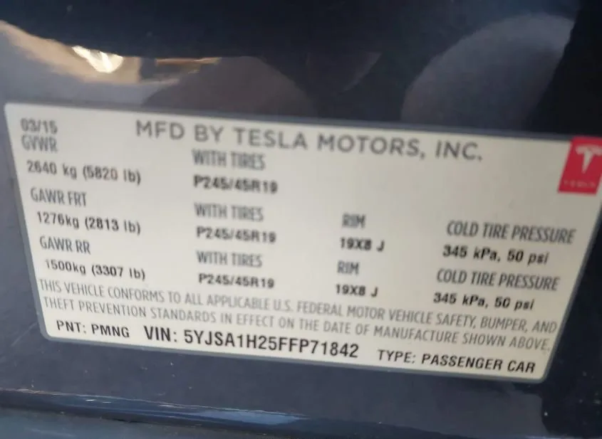 2015 TESLA Model S Used VIN 5YJSA1H25FFP71842 – side profile