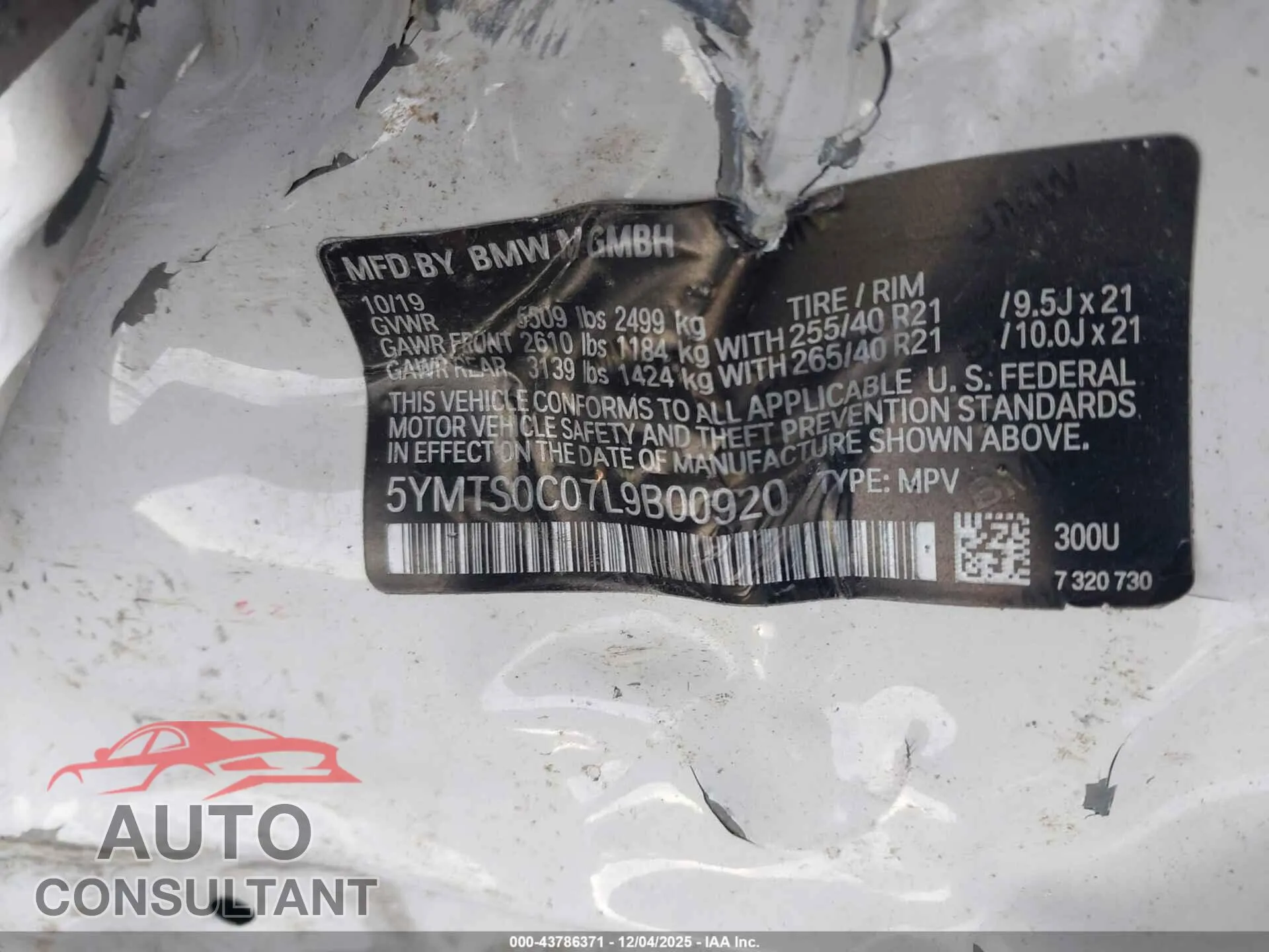 2020 BMW X3 M Damaged VIN 5YMTS0C07L9B00920 – trunk area