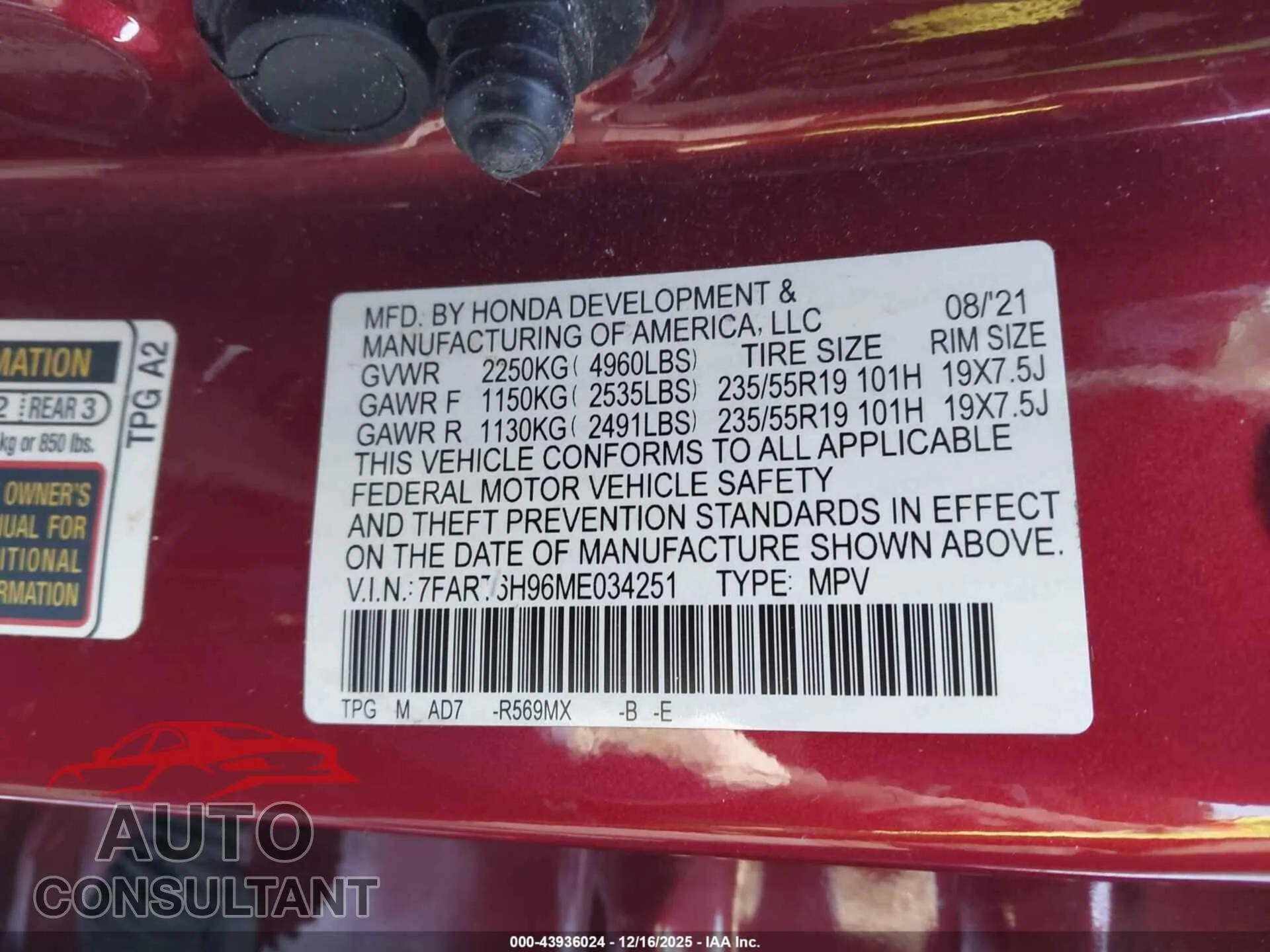 2021 HONDA CR-V HYBRID Damaged VIN 7FART6H96ME034251 – trunk area