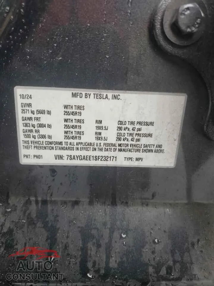 2025 TESLA MODEL Y Damaged VIN 7SAYGAEE1SF232171 – photo 13